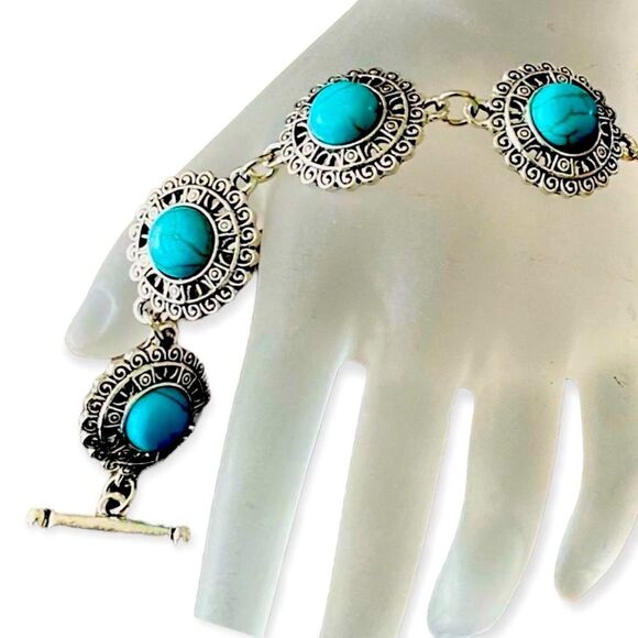 Silver Round Filagree Link Turquoise Adjustable Toggle Bangle Bracelets NEW - Picture 2 of 4